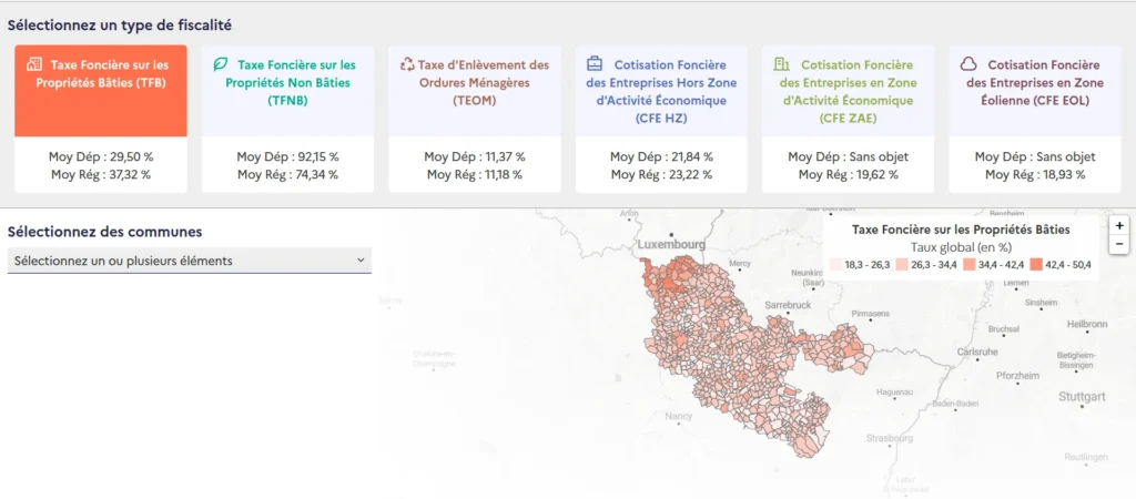 Capture d'écran outil visualisation fiscalité locale entreprises